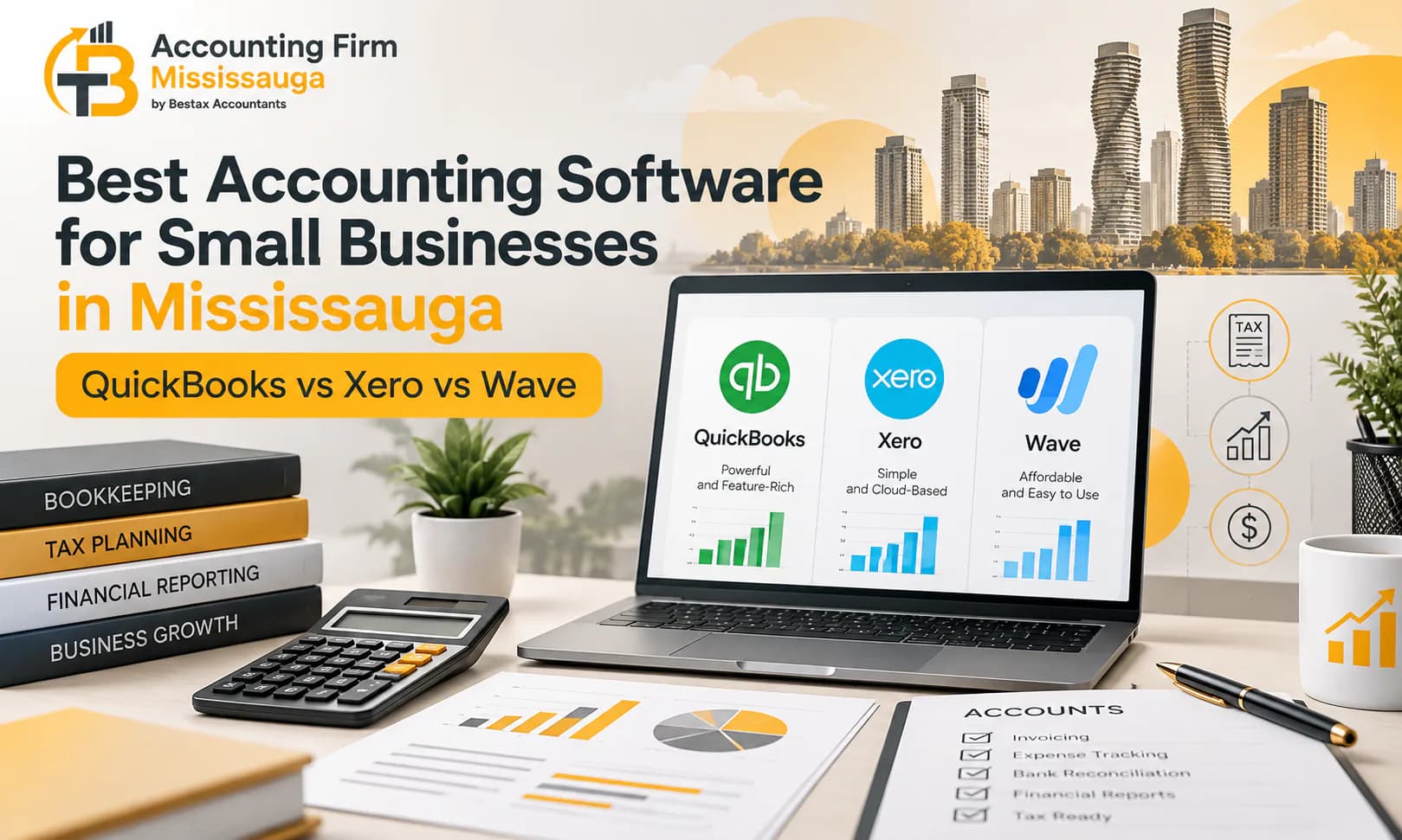 Laptop showing QuickBooks, Xero and Wave side by side under the title Best Accounting Software for Small Businesses in Mississauga, with the Mississauga skyline in the background
