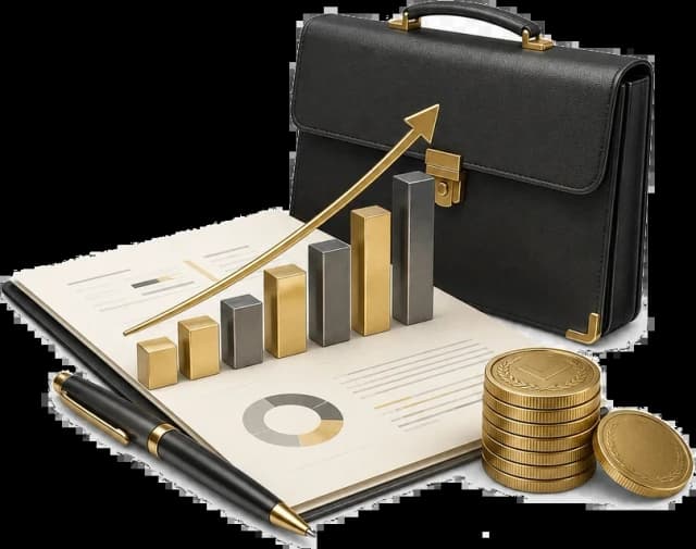 A briefcase, growth chart, and coins representing business growth from a free consultation