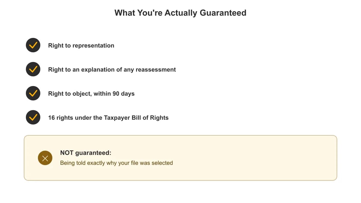 Checklist of taxpayer rights during a CRA audit, including representation, explanation, and objection, with the one right that is not guaranteed
