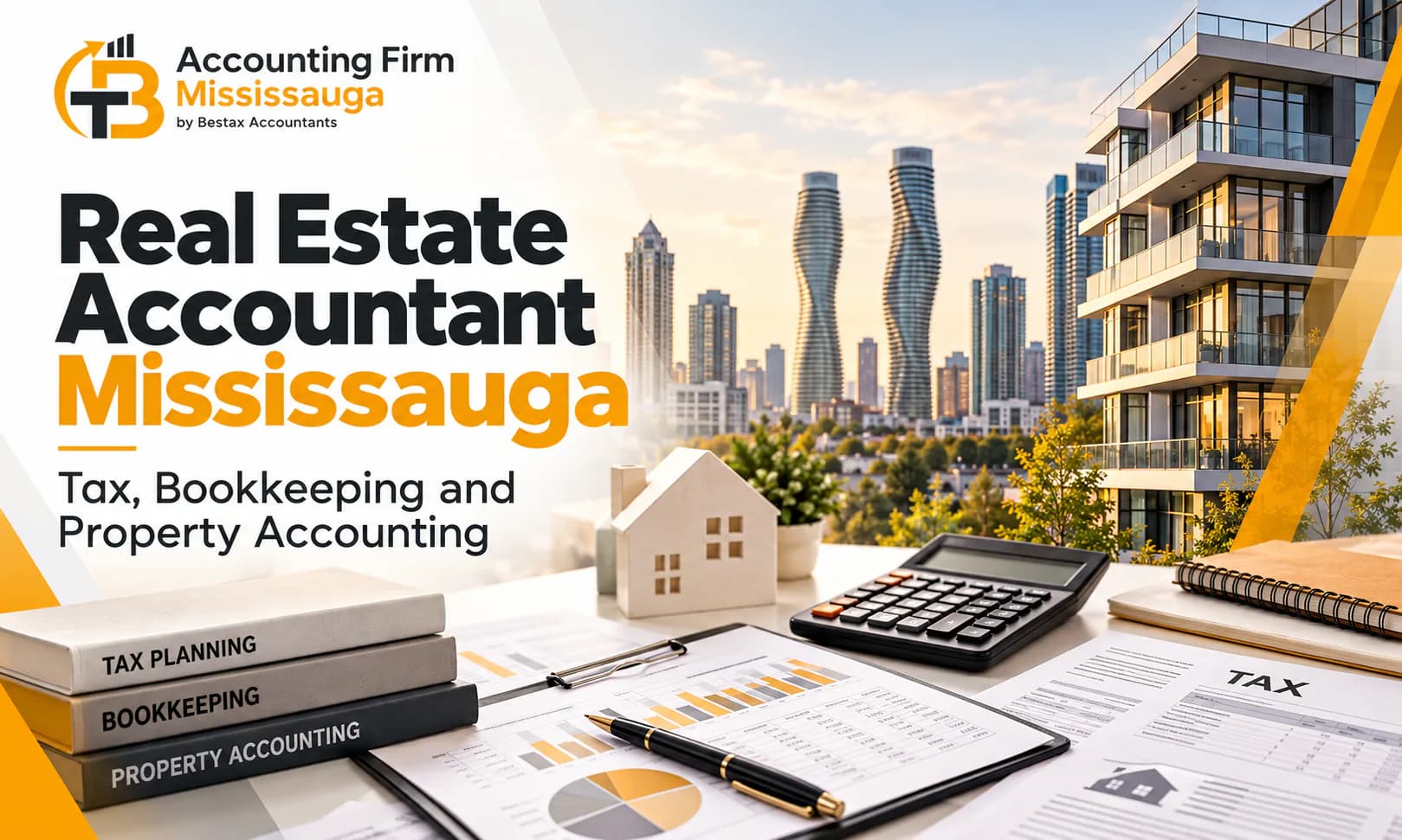 Mississauga skyline with the Absolute World towers, a model house, calculator and tax papers, real estate accountant in Mississauga
