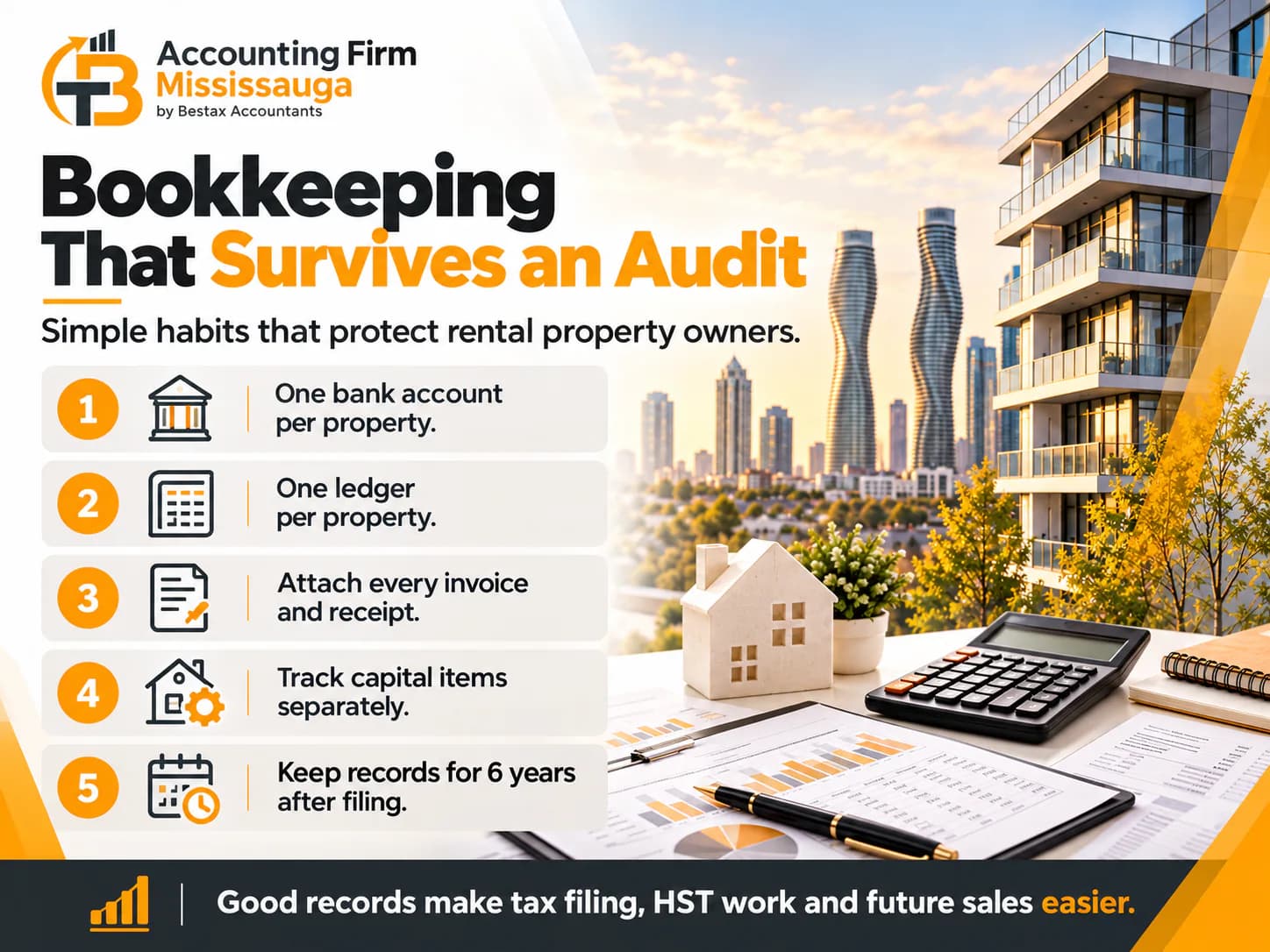 Five rental property bookkeeping habits: one bank account and ledger per property, attach receipts, track capital items, keep records 6 years